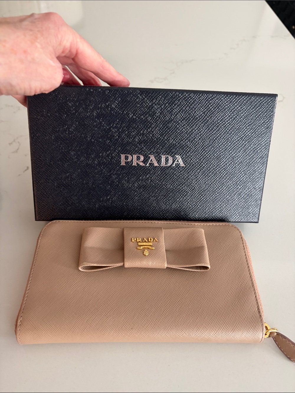Prada 1M0506 Saffiano Frame Fiocco Bow Zip Around Wallet Tamaris Pink